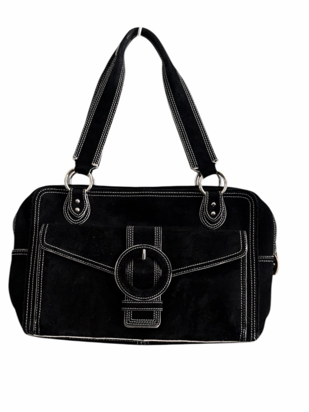 Banana Republic Y2K Black Suede Shoulder Bag with White Stitching